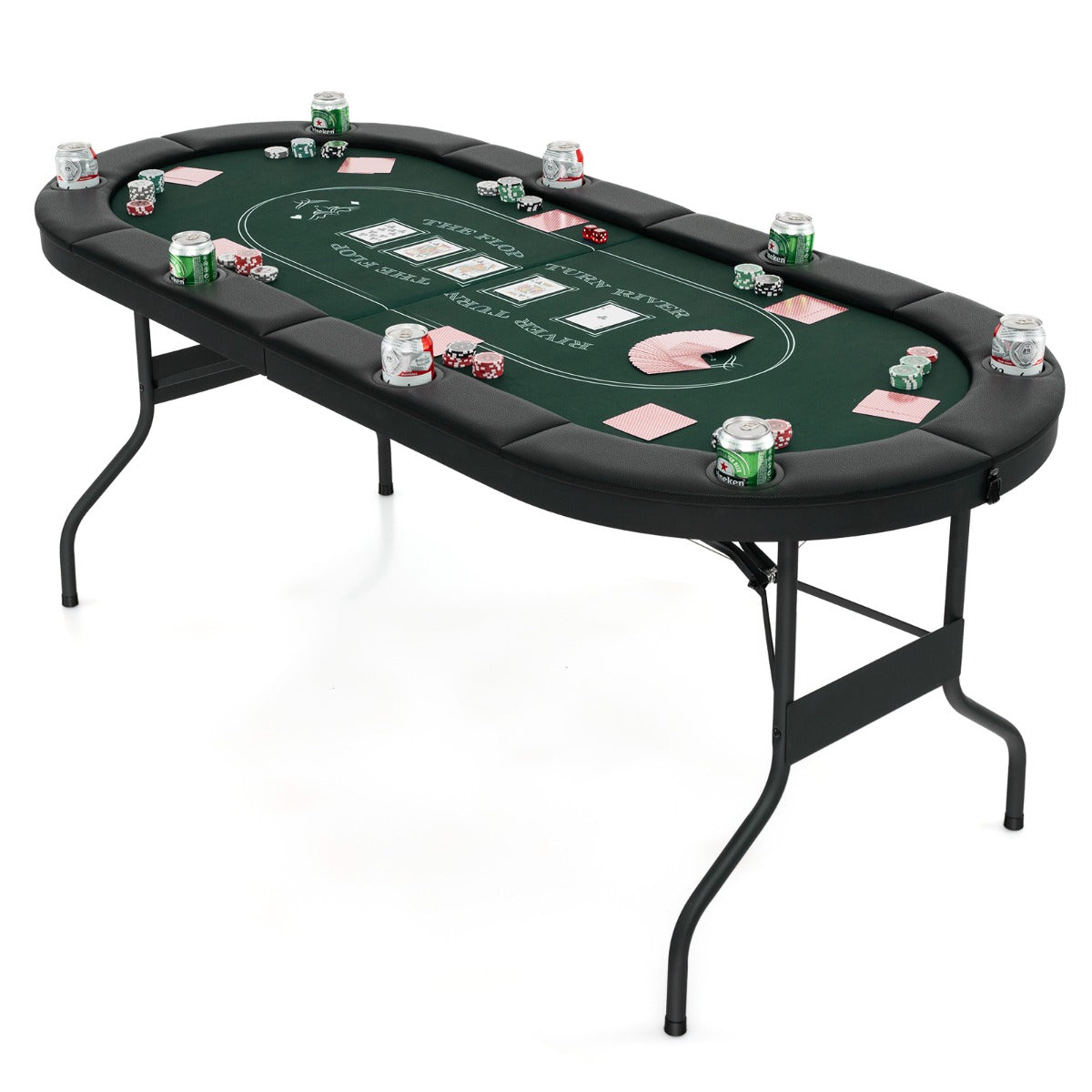 1.8m Foldable Poker Table for 8 Players with Cushioned Armrests and Cup Holders