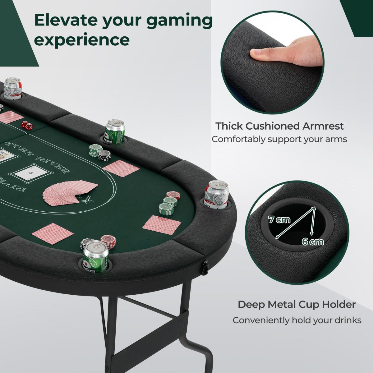 1.8m Foldable Poker Table for 8 Players with Cushioned Armrests and Cup Holders