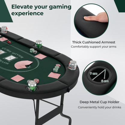 1.8m Foldable Poker Table for 8 Players with Cushioned Armrests and Cup Holders