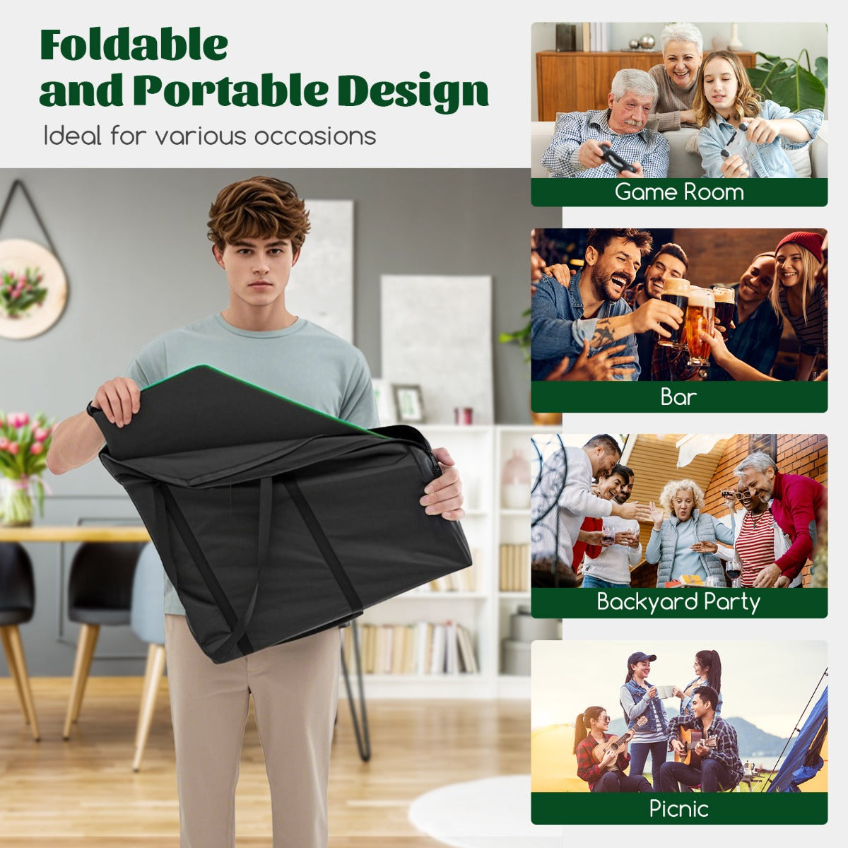 1.2M 8-Player Foldable Poker Table Top with Carrying Bag-Green
