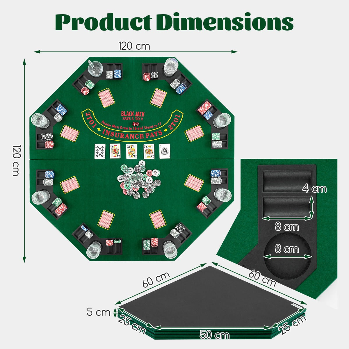 1.2M 8-Player Foldable Poker Table Top with Carrying Bag-Green