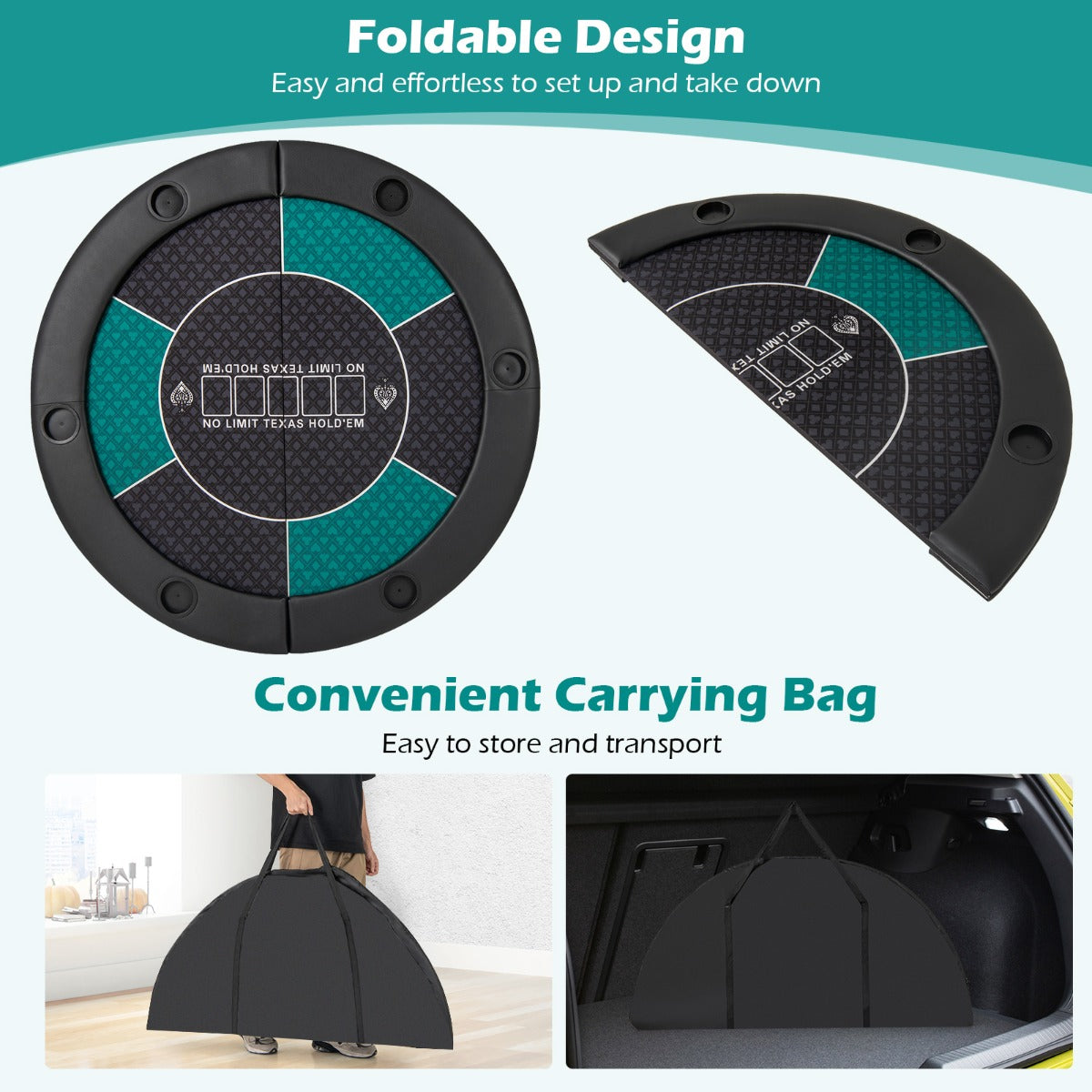1.2M 6-Player Foldable Poker Table Top with Carrying Bag-Green