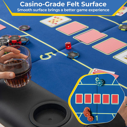 Foldable Poker Table with 8 Cup Holders for Blackjack Texas-Blue