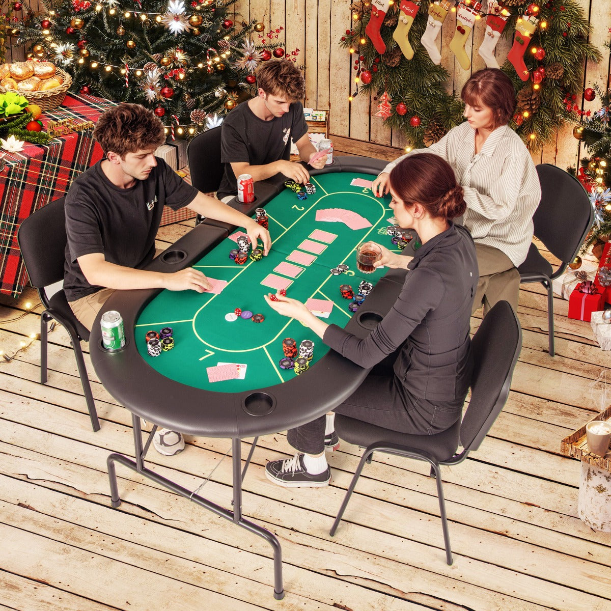 Foldable Poker Table with 8 Cup Holders for Blackjack Texas-Green