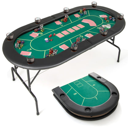 Foldable Poker Table with 8 Cup Holders for Blackjack Texas-Green