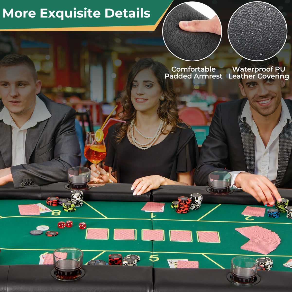 Foldable Poker Table with 8 Cup Holders for Blackjack Texas-Green