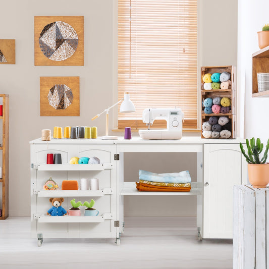 Costway Foldable Sewing Table Rolling Drop Leaf Craft Table with Lockable Casters-White