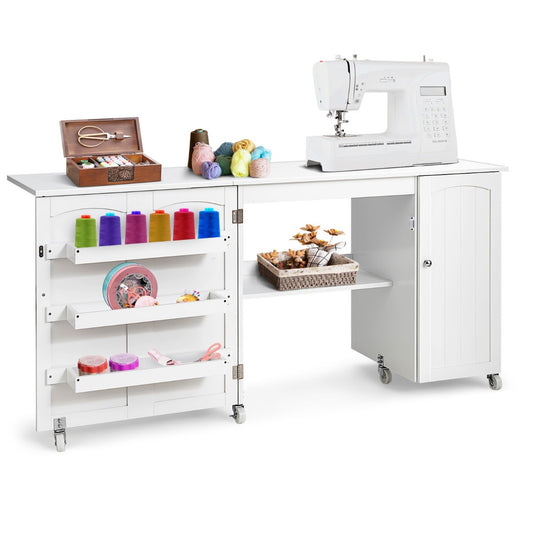 Costway Foldable Sewing Table Rolling Drop Leaf Craft Table with Lockable Casters-White