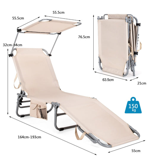 Adjustable folding chaise lounge features five reclining positions for sitting, resting, reading, and sunbathing