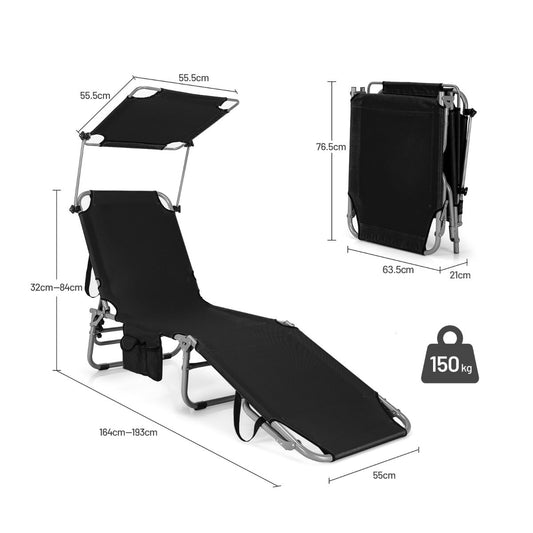 Adjustable folding chaise lounge features five reclining positions for sitting, resting, reading, and sunbathing