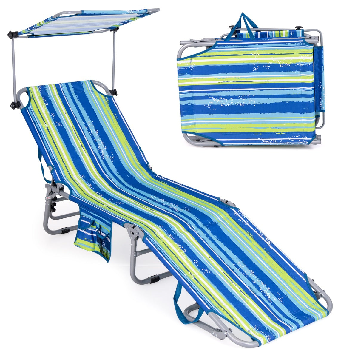 Costway Foldable Sun Shading Lounge Chair with Side Storage Pocket for Garden-Multicolour