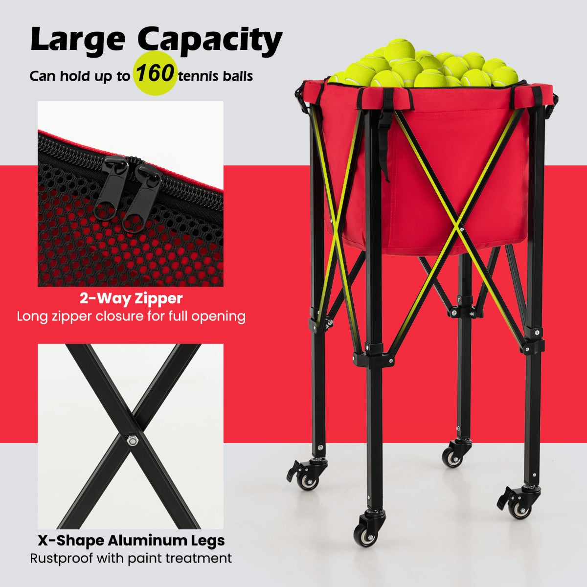 Costway Foldable Tennis Ball Cart with Wheels and Removable Bag-Red