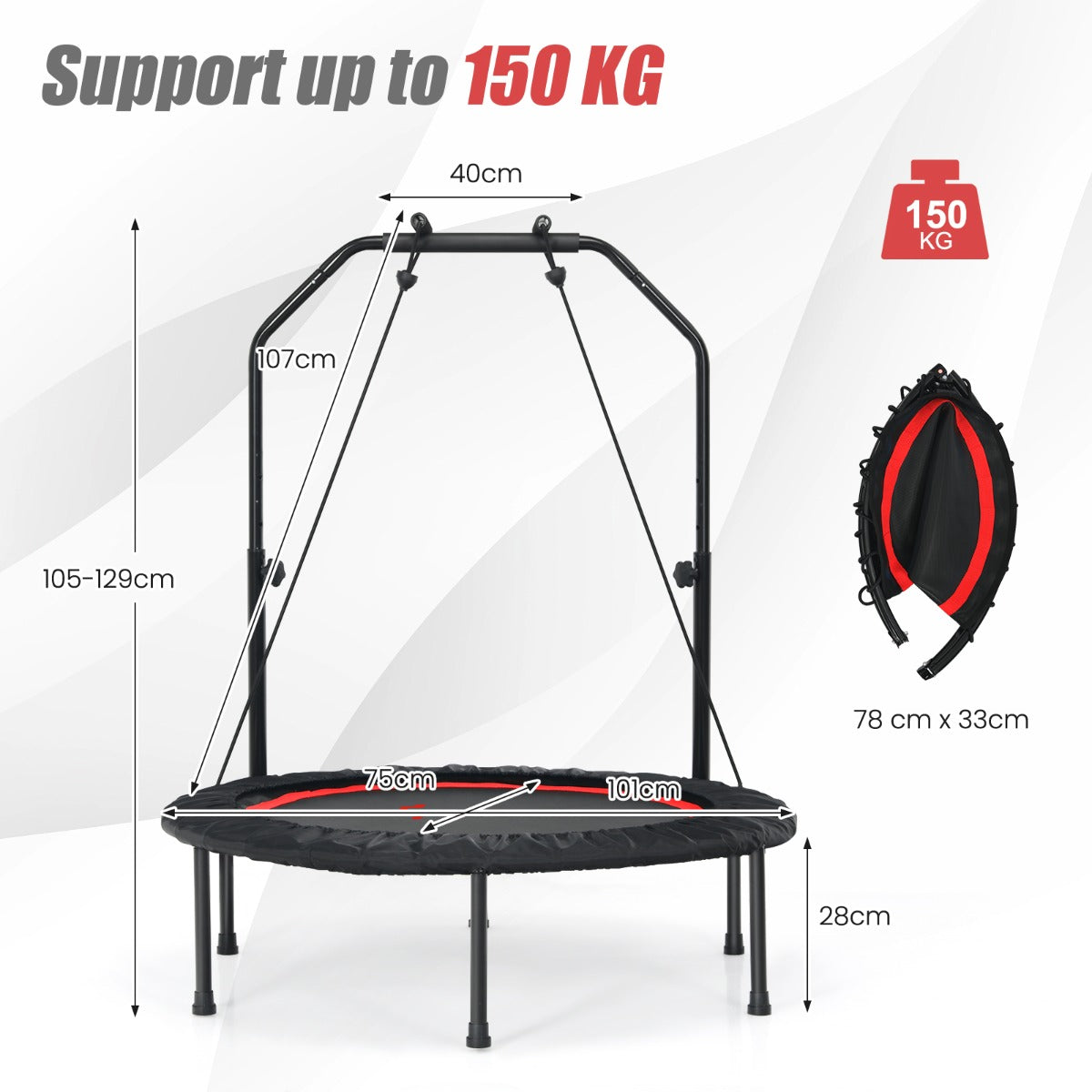 Costway 40 Inch Foldable Trampoline with 2 Resistance Bands-Red
