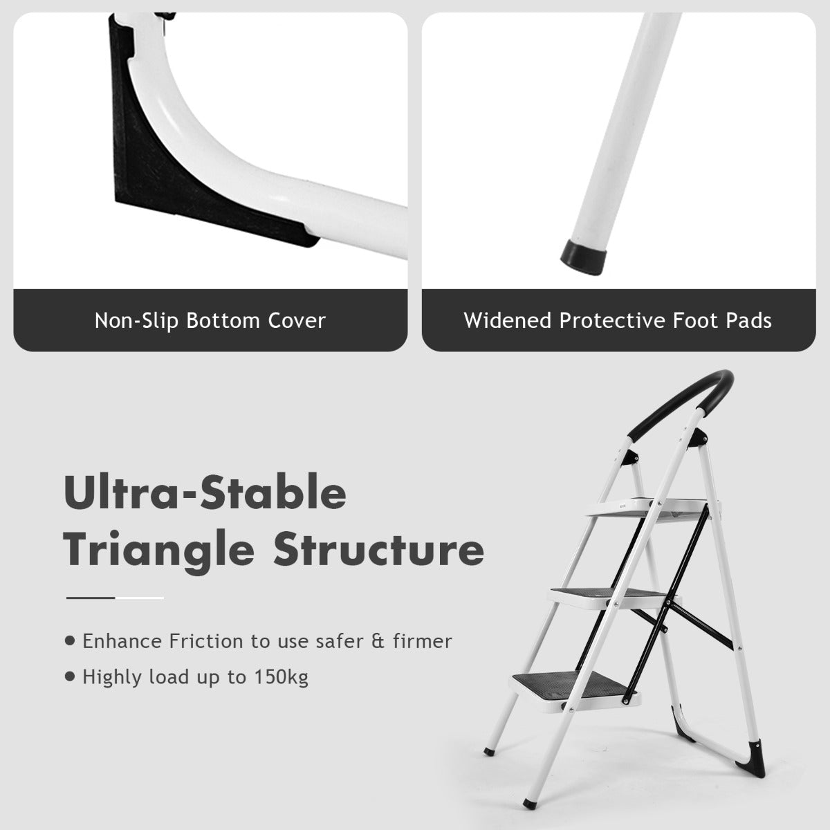Protective rubber handle improves comfort and support while standing on the upper step