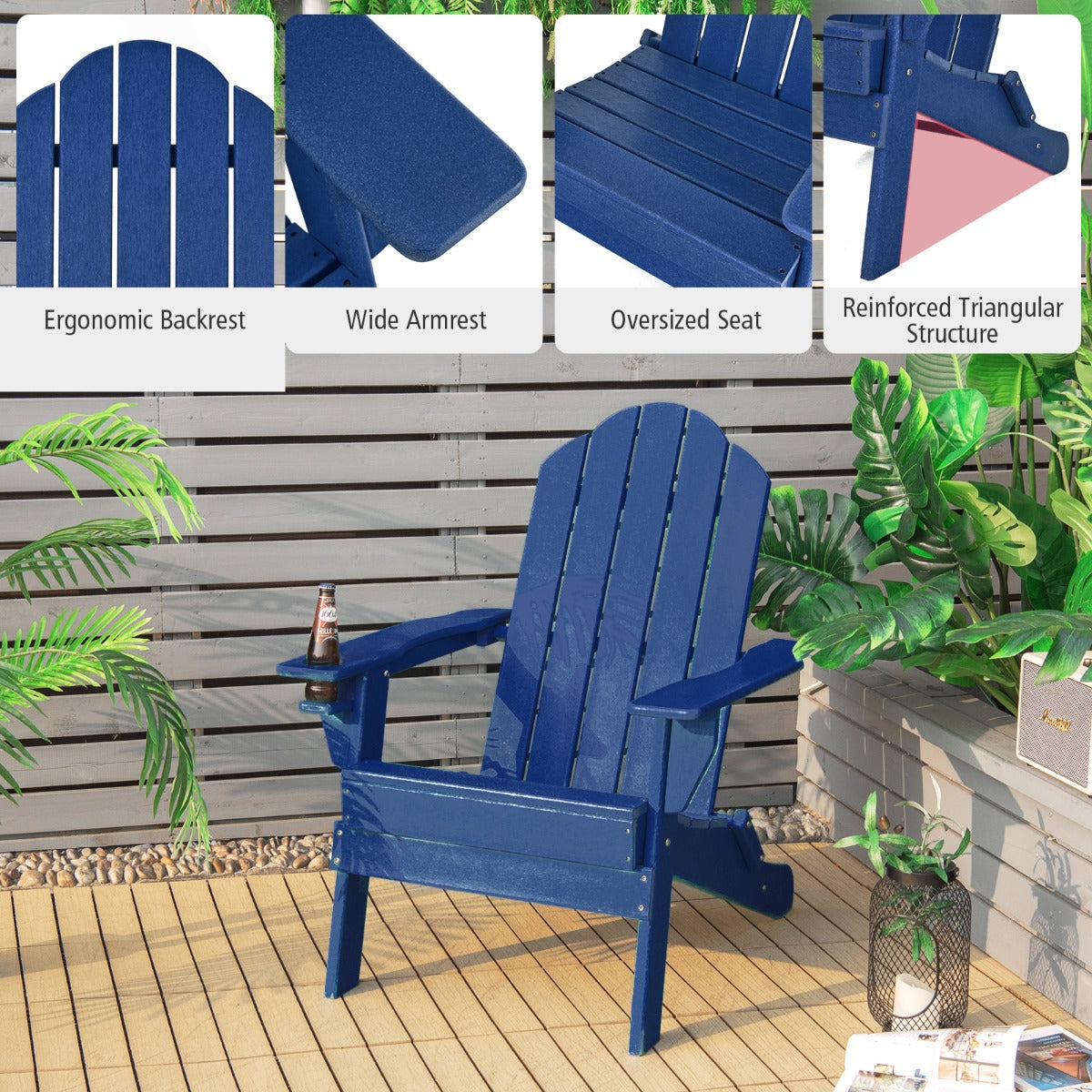 Costway Folding Adirondack Chair with Cup Holder for Outdoor-Navy