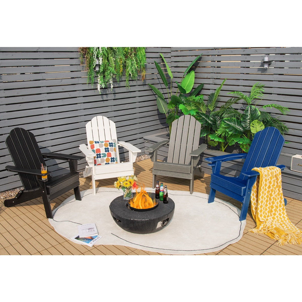 Costway Folding Adirondack Chair with Cup Holder for Outdoor-Navy