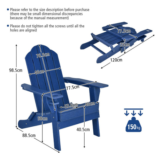Folding Adirondack chair features an ergonomic 103 degree backrest for comfortable outdoor relaxation