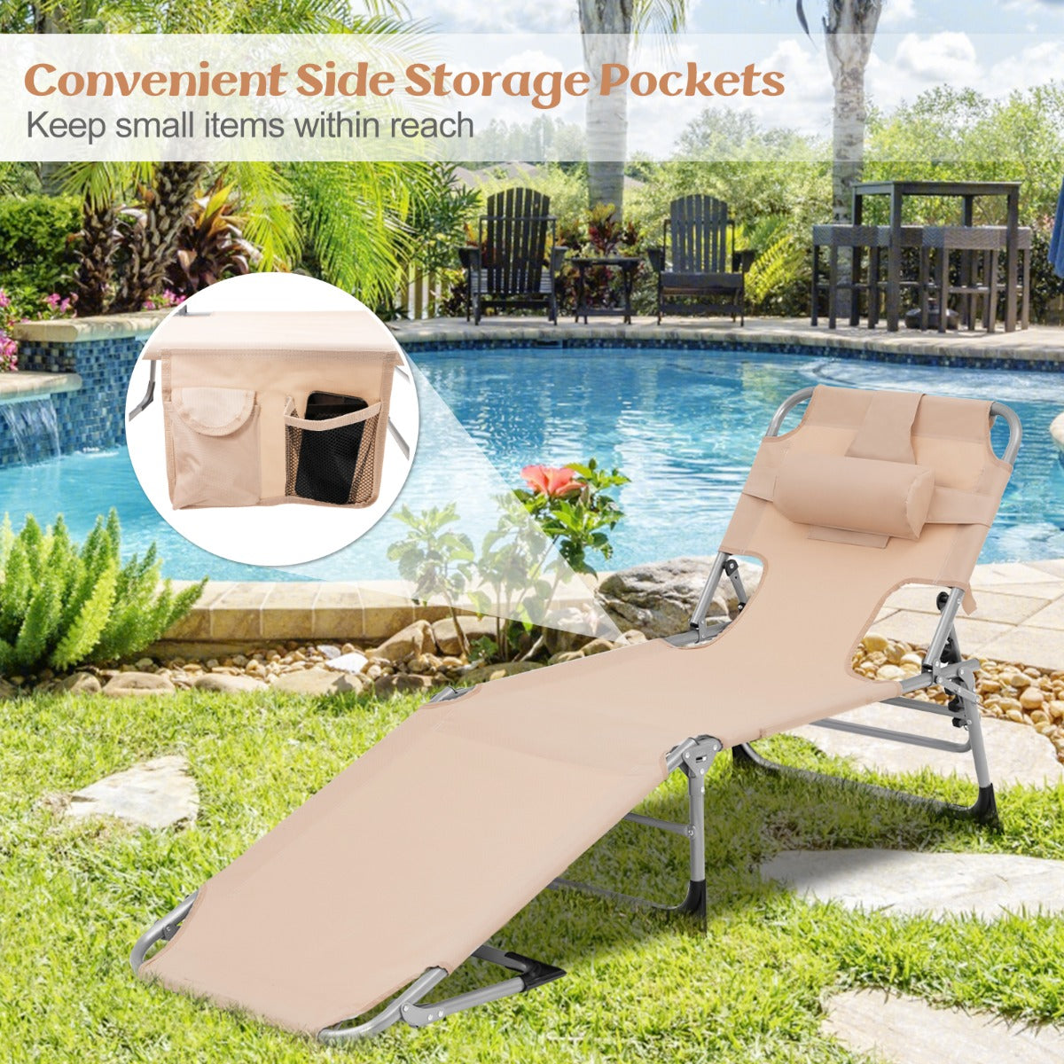 Costway Folding Beach Lounge Chair with Pillow for Outdoor-Beige