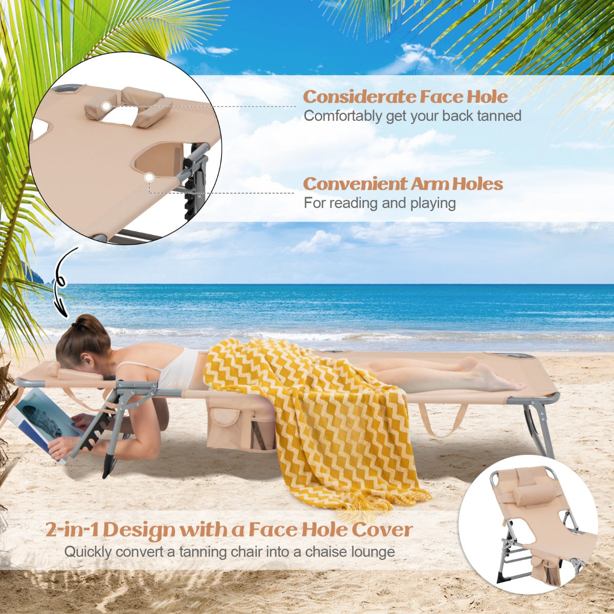 Ergonomic folding chaise lounge includes a detachable pillow for head, neck, and lumbar support