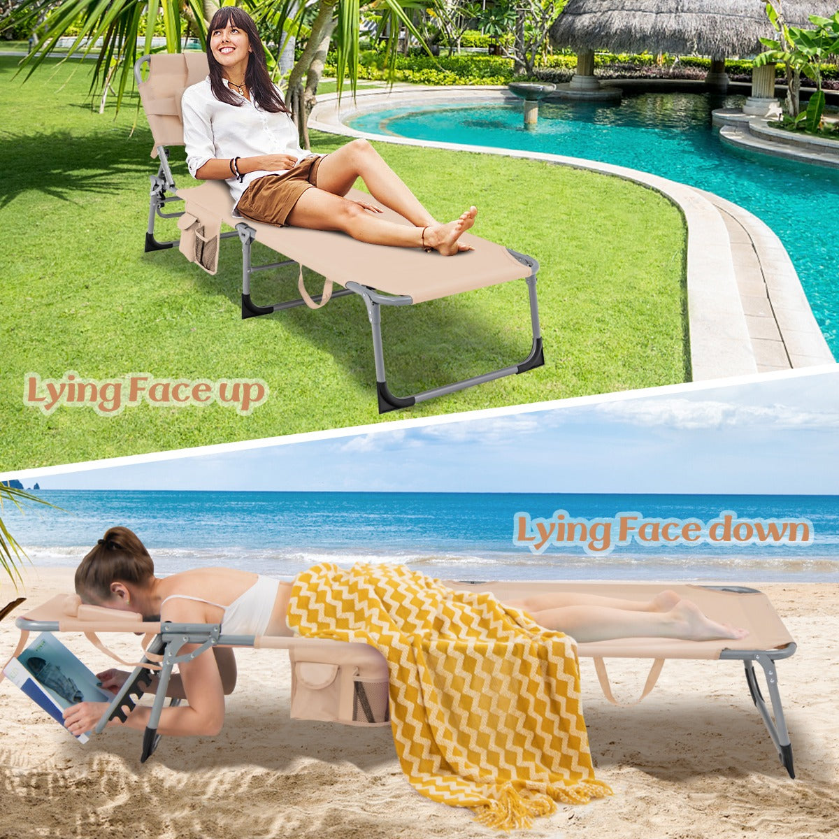Two-position footrest on the patio chaise lounge helps relax and elevate your legs comfortably