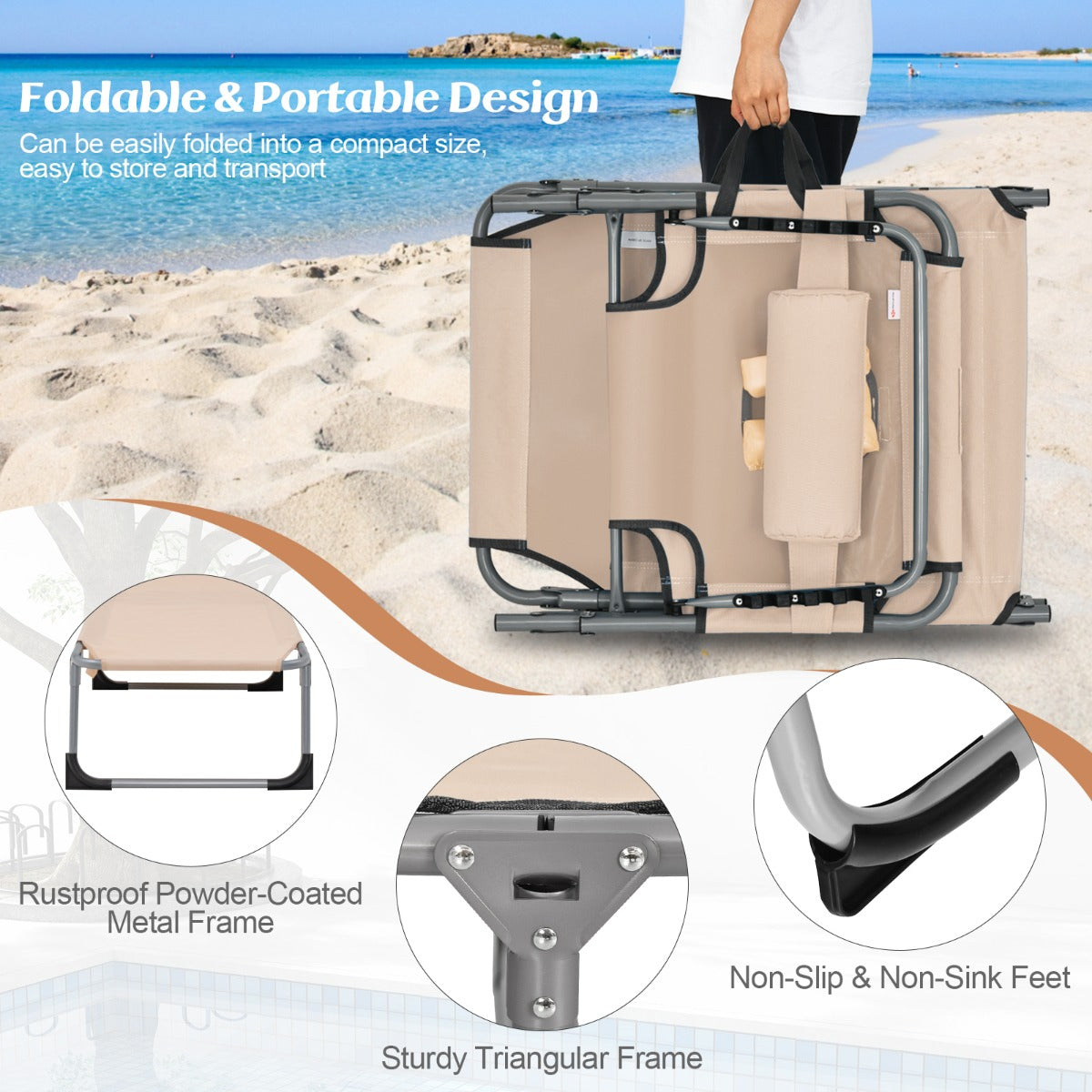 Non-slip feet and reinforced supports improve stability on beaches, patios, gardens, and balconies