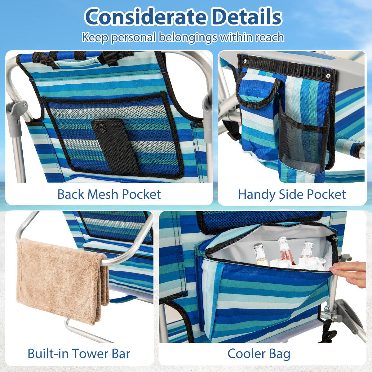Folding Beach Chair for Adults with 4-Position Adjustable Backrest-Green-1 piece