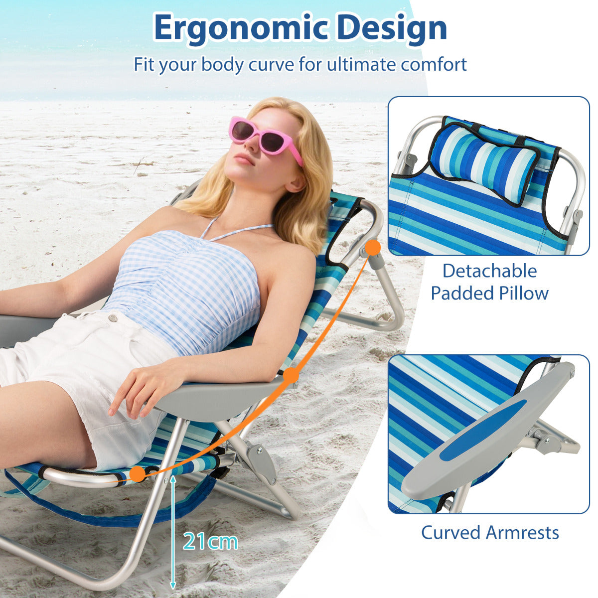 Folding Beach Chair for Adults with 4-Position Adjustable Backrest-Green-2 pieces
