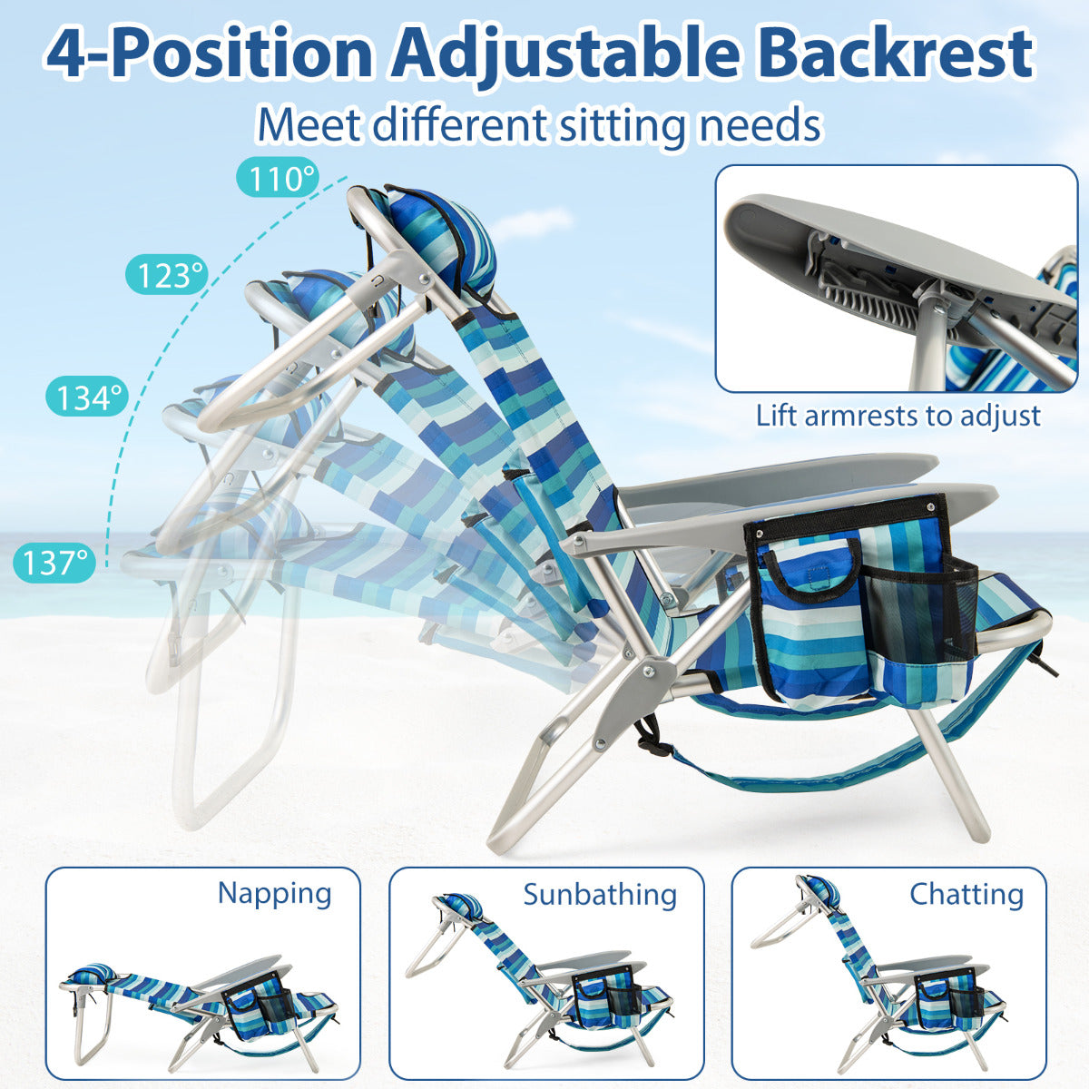 Folding Beach Chair for Adults with 4-Position Adjustable Backrest-Green-2 pieces