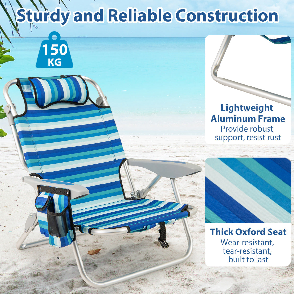 Folding Beach Chair for Adults with 4-Position Adjustable Backrest-Green-2 pieces