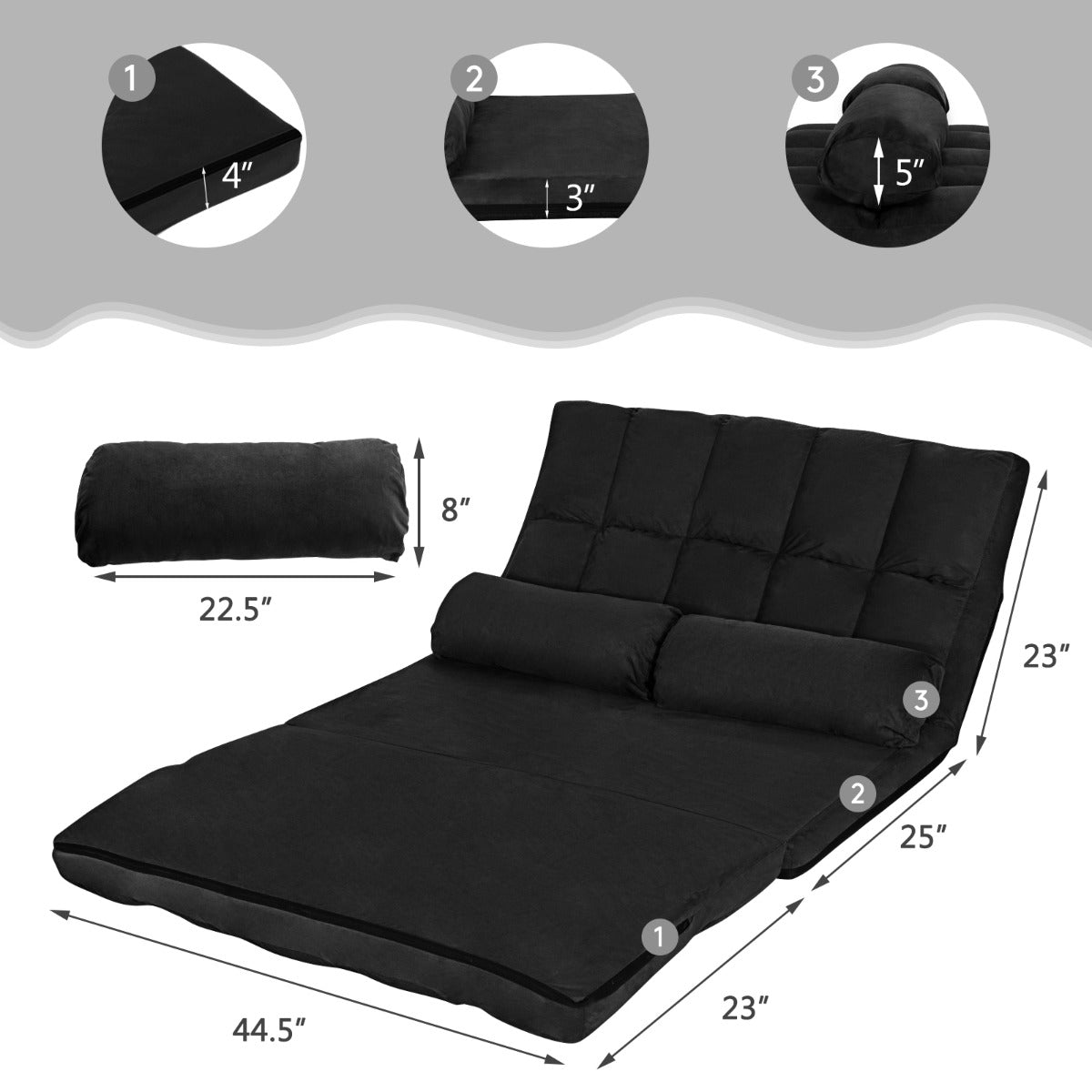 Costway 6-Position Foldable Lazy Sofa Bed with Detachable Cloth Cover for Bedroom/Living Room/Balcony-Black