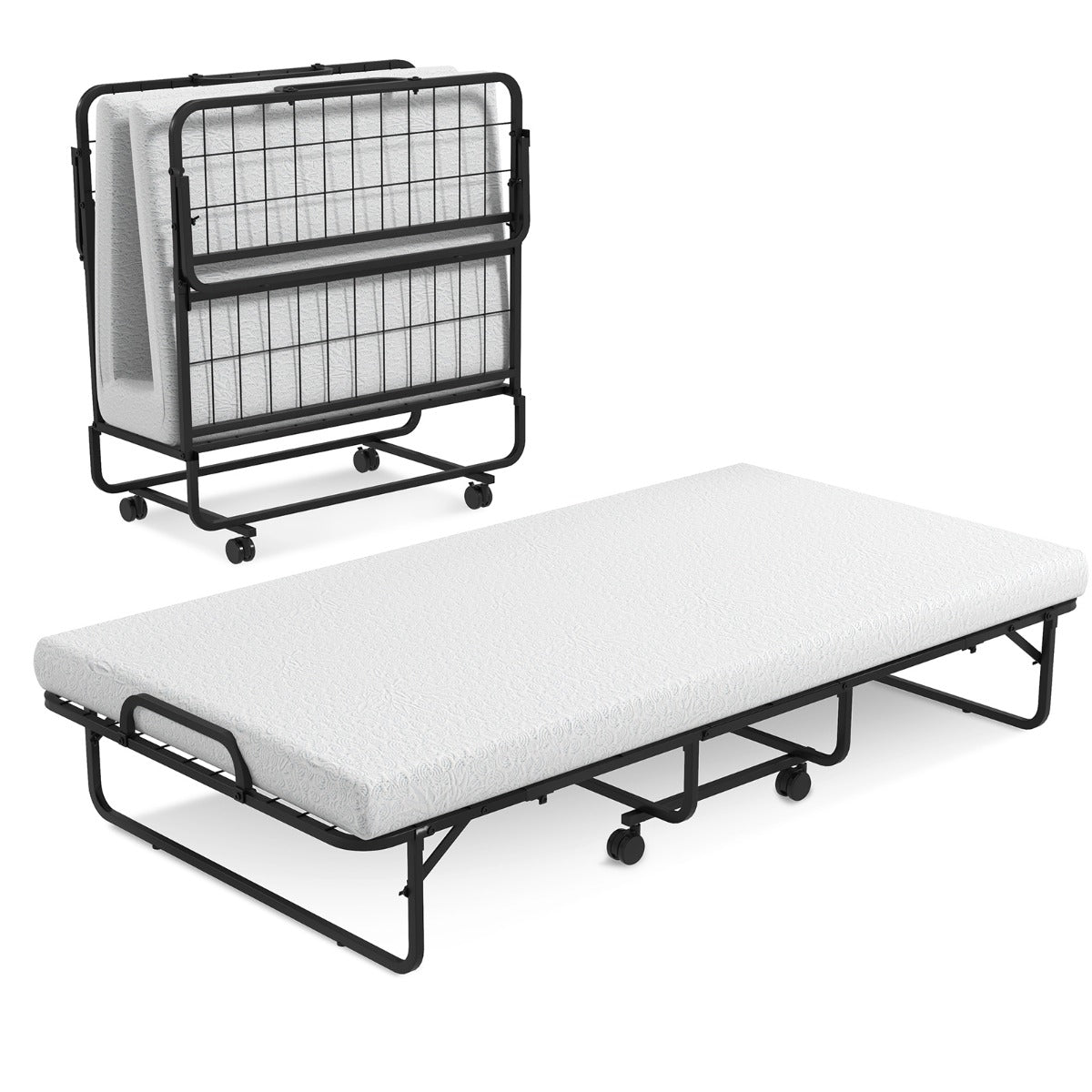 Folding Bed with Memory Foam Mattress Metal Frame and 4 Universal Wheels