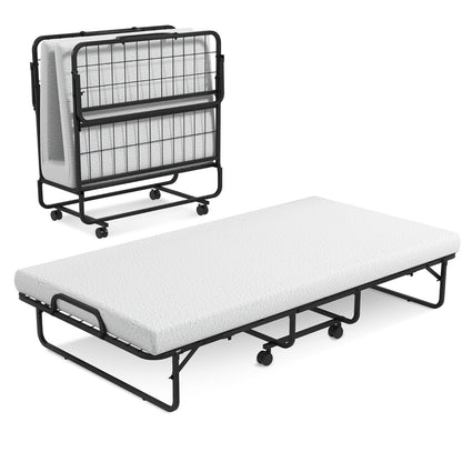 Folding Bed with Memory Foam Mattress Metal Frame and 4 Universal Wheels