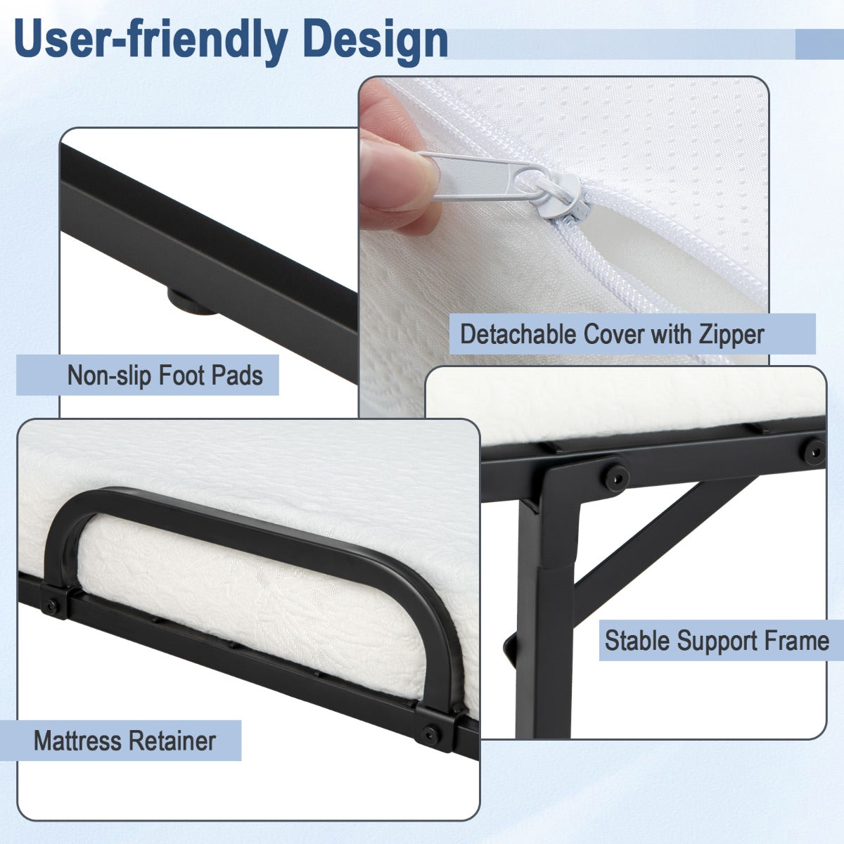 Folding Bed with Memory Foam Mattress Metal Frame and 4 Universal Wheels