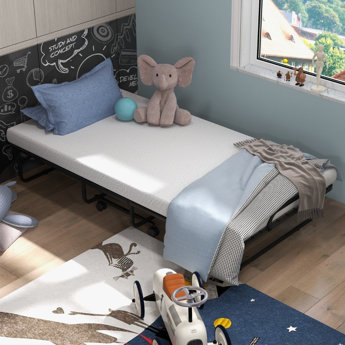 Folding Bed with Memory Foam Mattress Metal Frame and 4 Universal Wheels