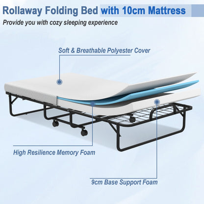 Folding Bed with Memory Foam Mattress Metal Frame and 4 Universal Wheels