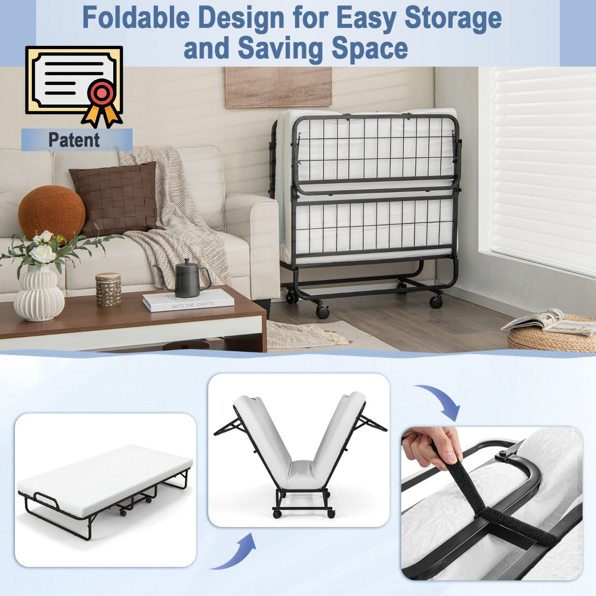 Folding Bed with Memory Foam Mattress Metal Frame and 4 Universal Wheels