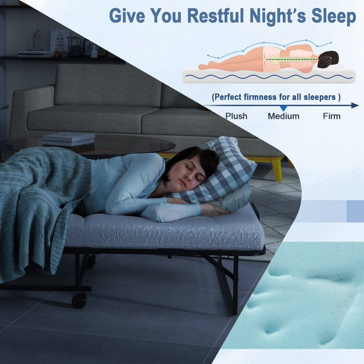 Folding Bed with Memory Foam Mattress Metal Frame and 4 Universal Wheels
