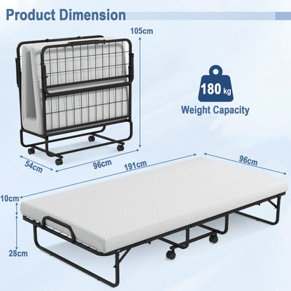 Folding Bed with Memory Foam Mattress Metal Frame and 4 Universal Wheels