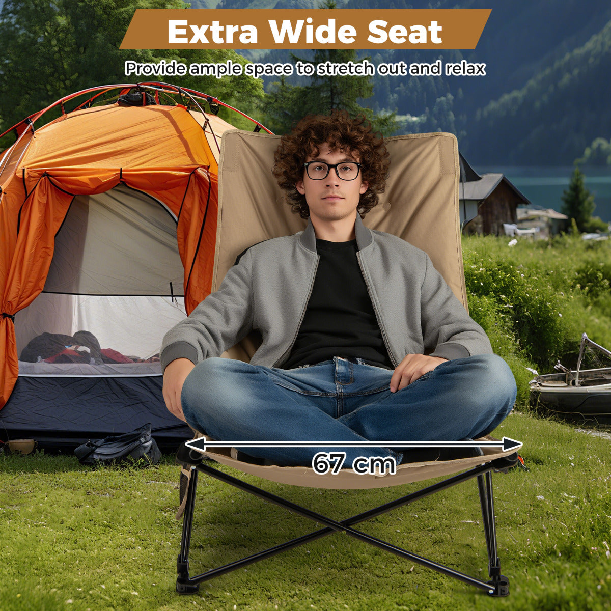 Folding Camping Chair with Adjustable Backrest and Padded Seat-Khaki