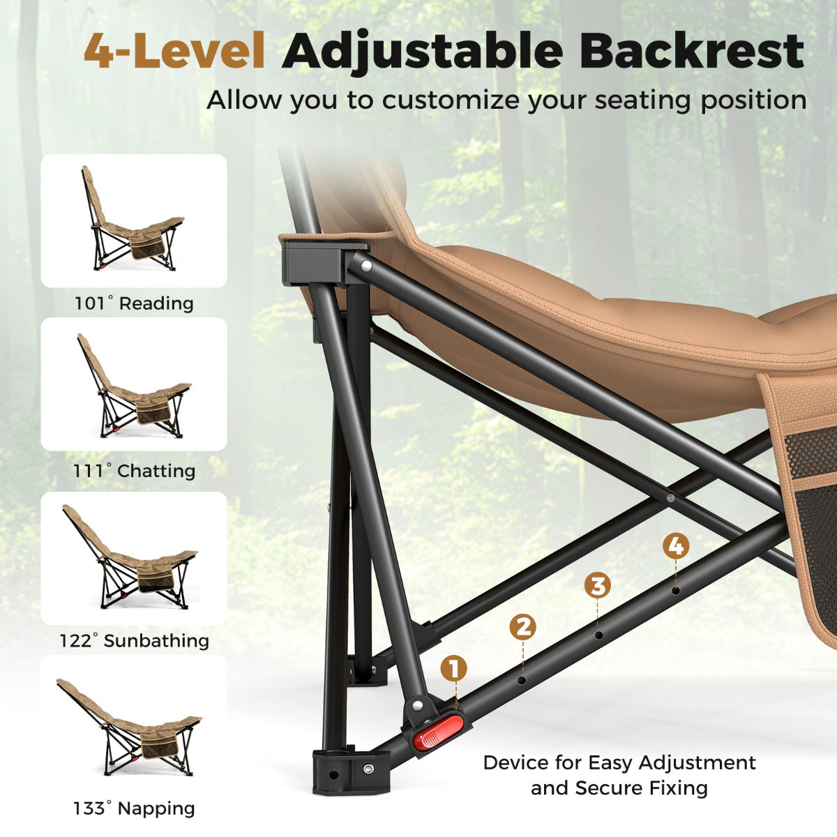 Folding Camping Chair with Adjustable Backrest and Padded Seat-Khaki