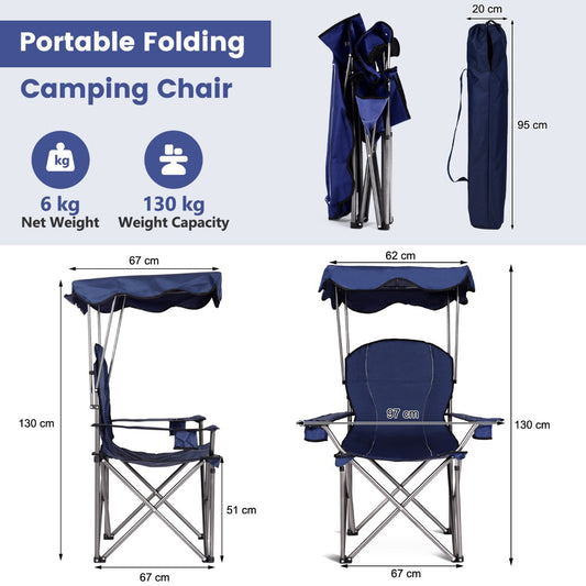 Folding Camping Chair with Adjustable Canopy and Dual Cup Holders, Blue