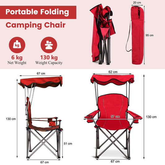 Folding camping chair with adjustable sunshade canopy provides cool outdoor seating for relaxing