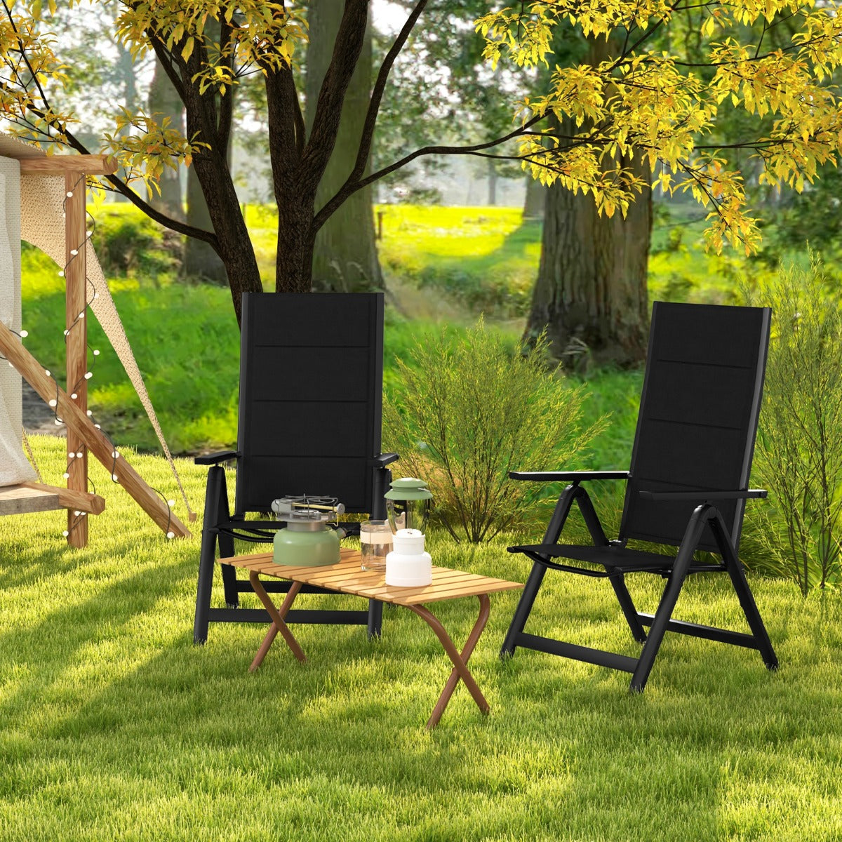 Portable patio chair folds compactly to 58 x 13 x 96 cm for convenient transport and storage