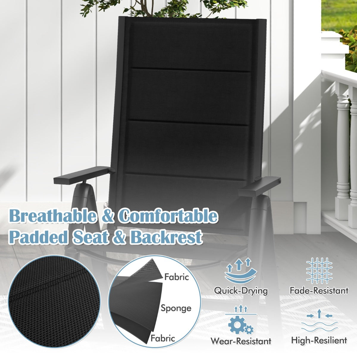 Anti-slip foot pads help keep the outdoor reclining chair stable on different surfaces