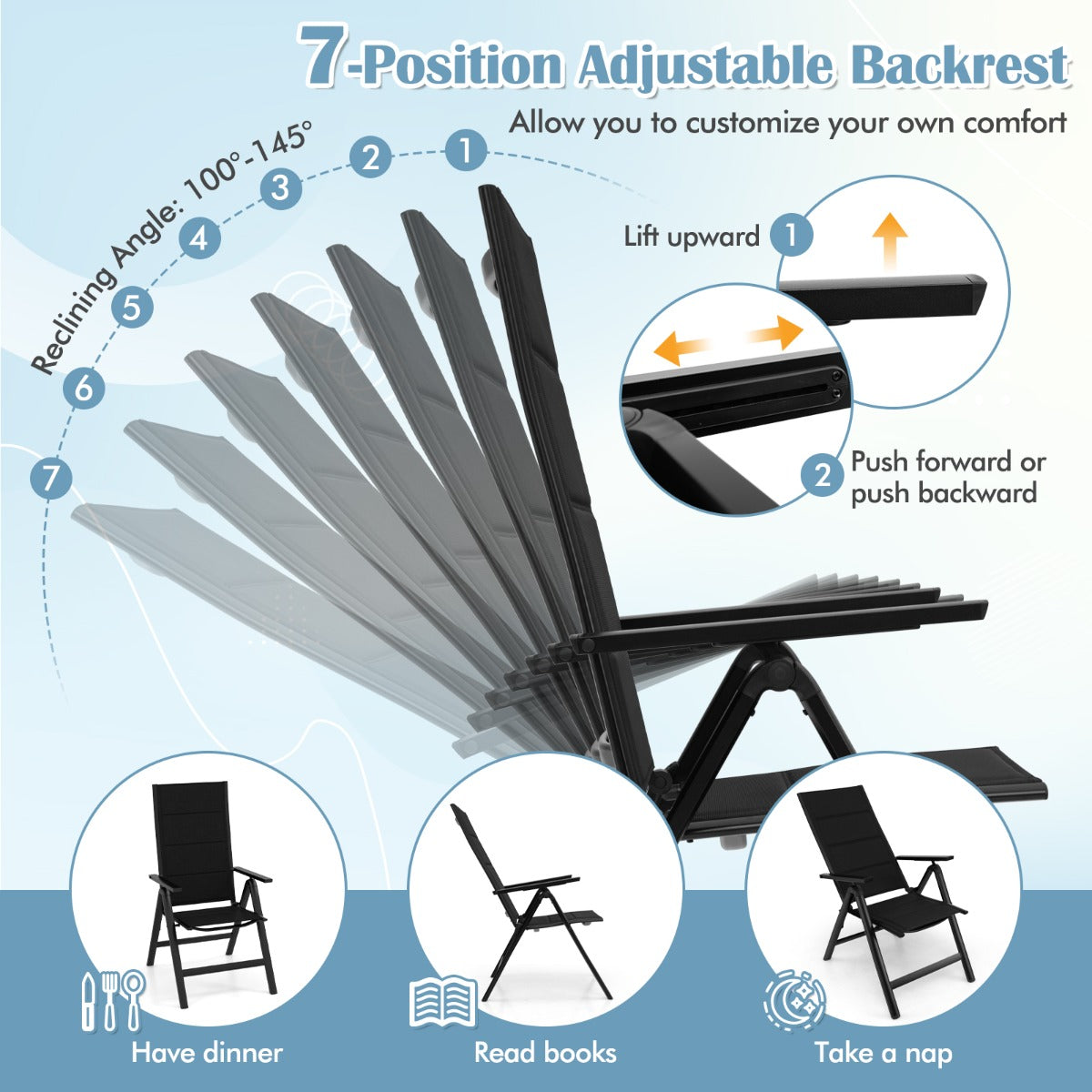 Lightweight 4.5 kg folding chair includes a convenient back handle for easy carrying