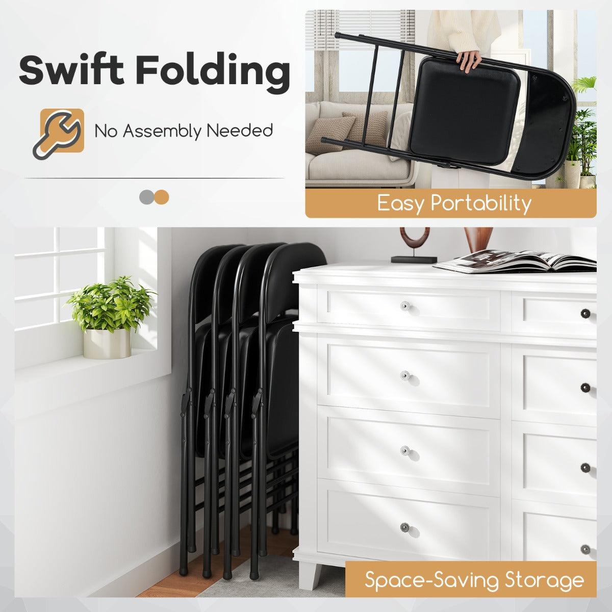 Folding Chairs Padded Party Chairs with Metal Frame-Black