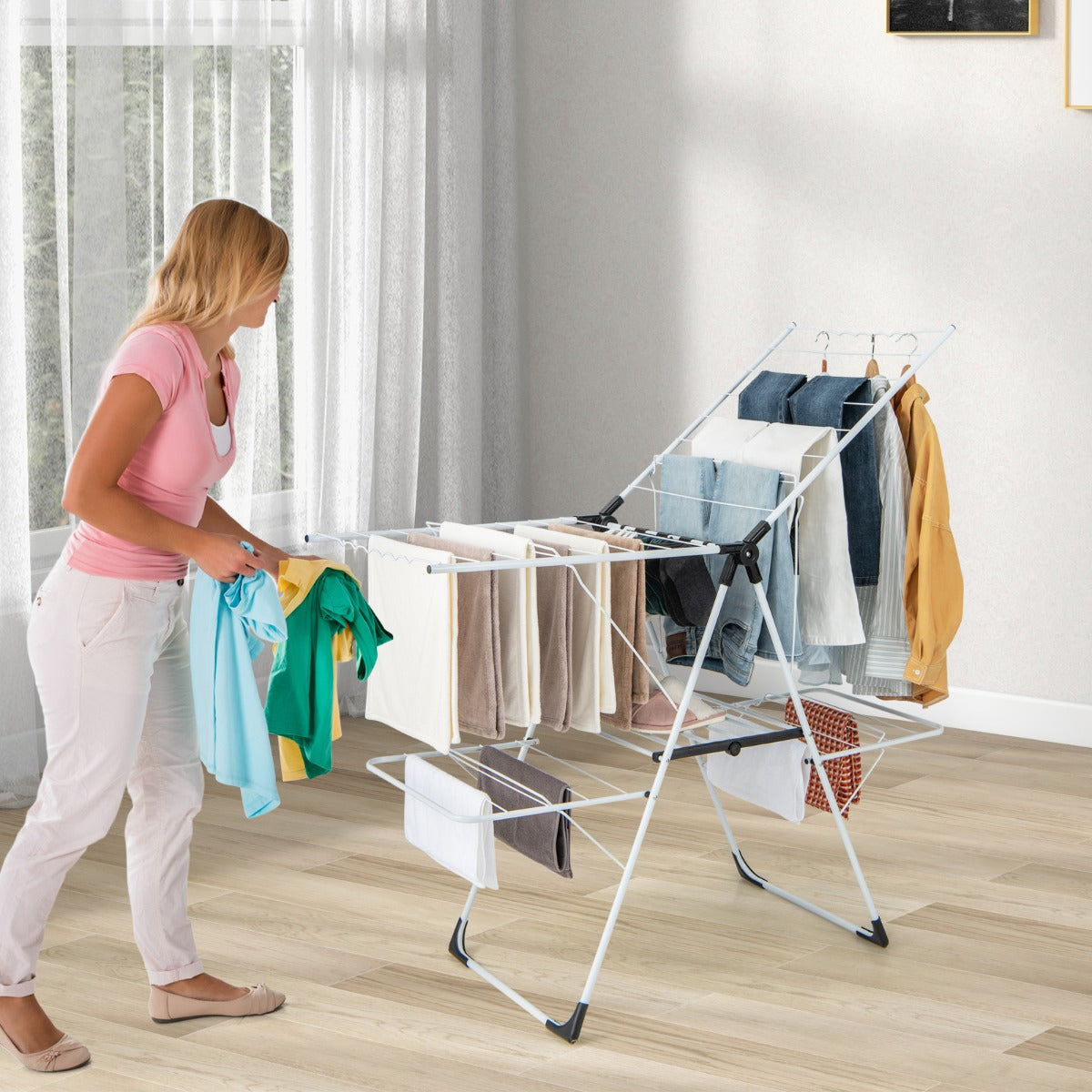 Costway  Folding Clothes Drying Rack with Height-Adjustable Wings