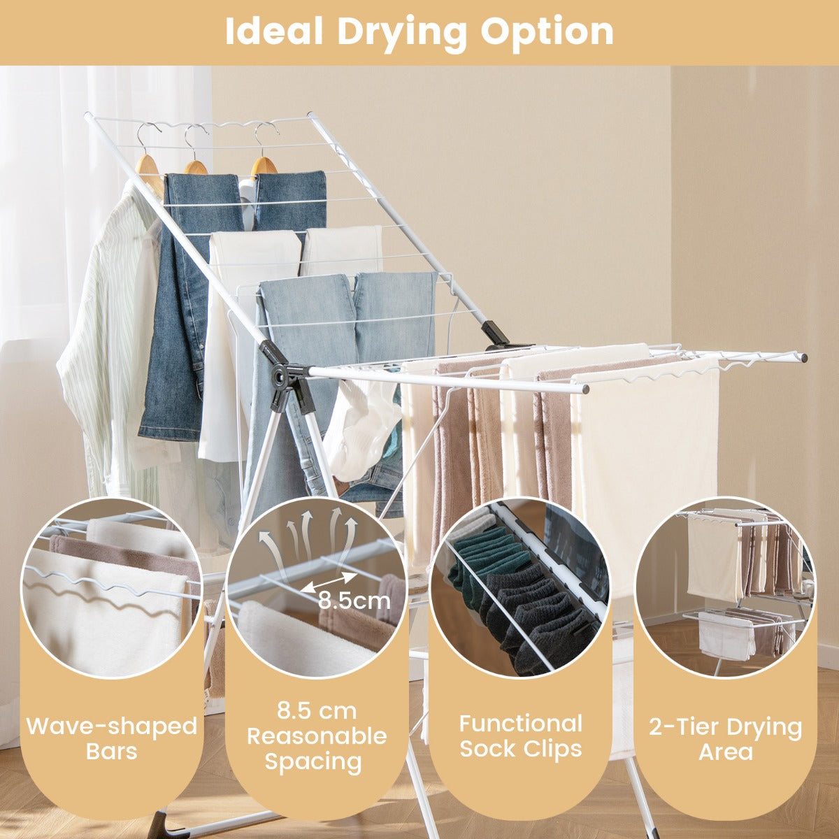 Costway  Folding Clothes Drying Rack with Height-Adjustable Wings