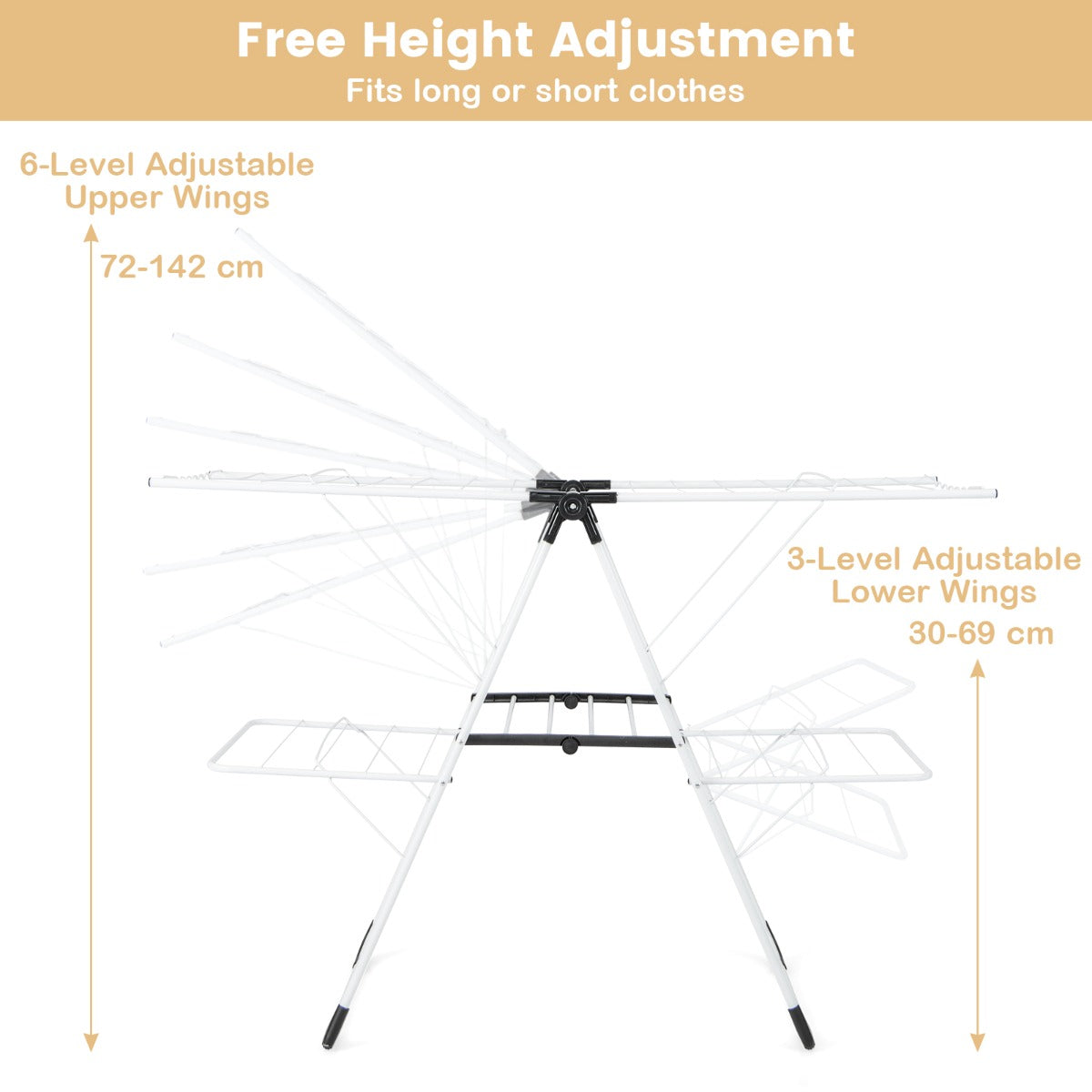 Foldable laundry rack collapses into a narrow 58 x 7 x 104 cm shape for convenient storage