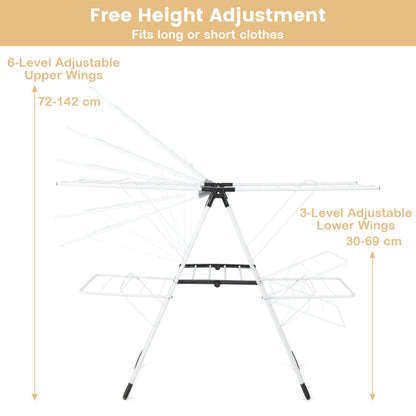 Foldable laundry rack collapses into a narrow 58 x 7 x 104 cm shape for convenient storage